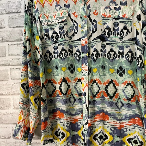 Multi Color Long Roll Tab Sleeve Button Down Women's Large L - Picture 2 of 9
